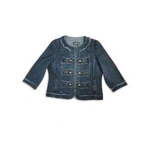 Baccini Dark Wash Military Style Jean Jacket Hook Eye Closure SZ L Cotton Blend